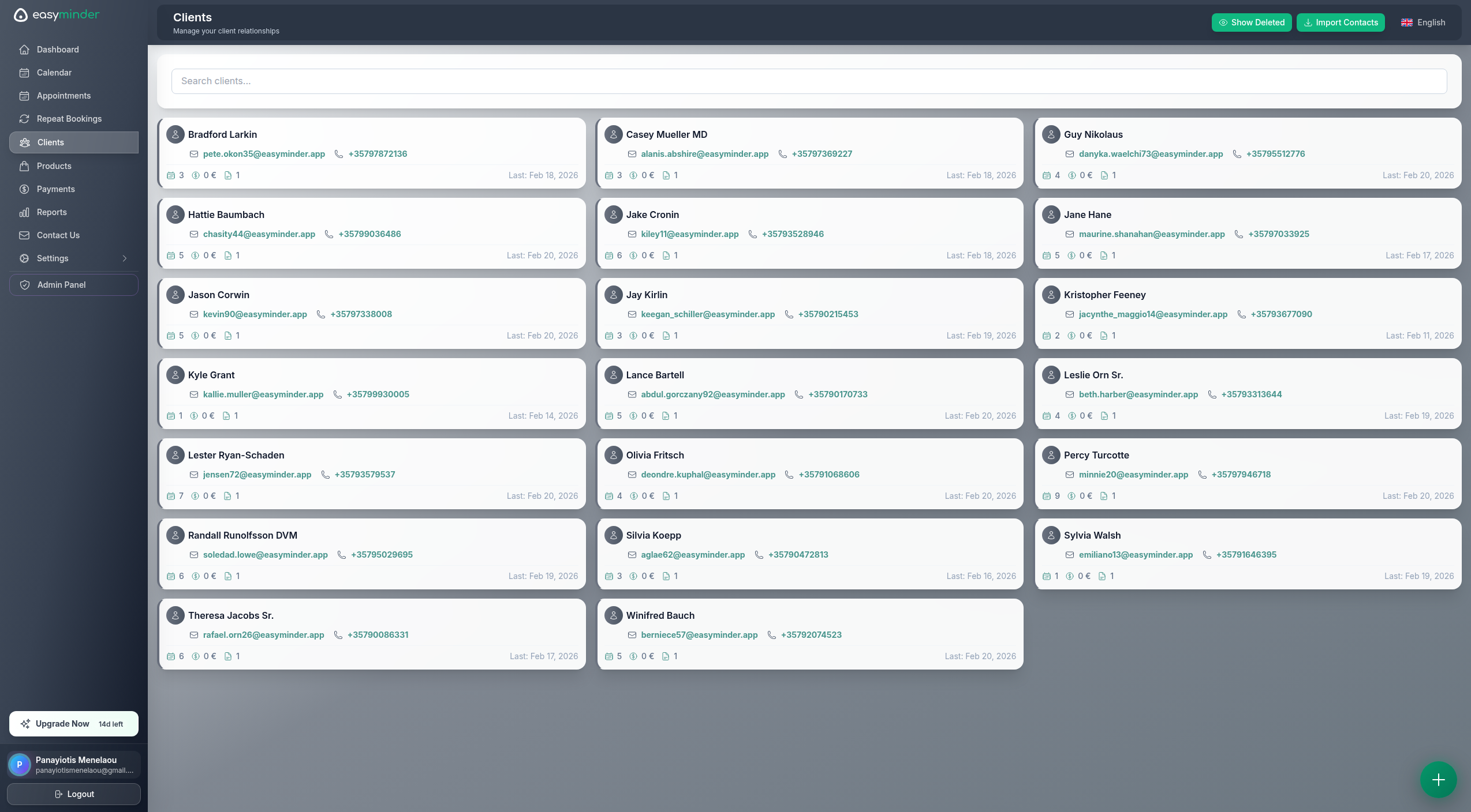 Easyminder Clients - Customer management grid